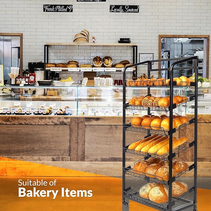 6-Tier Metal Bakery Display Rack with Wheels & Sign Holder – 29″W x 18″D x 65″H Adjustable Wire Shelves – Powder-Coated Rolling Stand for Store, Café, Farmers Market – Easy Assembly