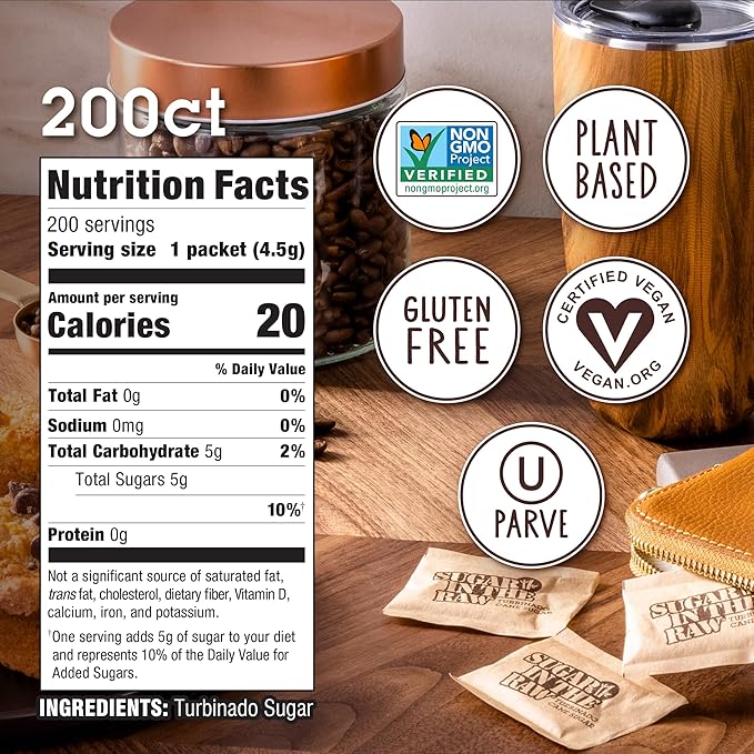 In The Raw Turbinado Cane Sugar Packets, 200 Ct Box, 1 Pack, Pure, All-Natural Turbinado Sugar, Non-GMO Project Verified, Kosher, Vegan and Gluten Free