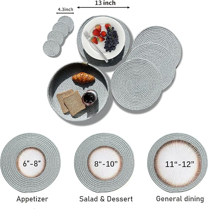 Art PineCone's Woven Cotton Rope Round Placemats Set of 4 with Holder Included, Non-Slip, and Heat Resistant Shabby Chic Placemats (Heather Gray, 13 inch Plus Coaster)