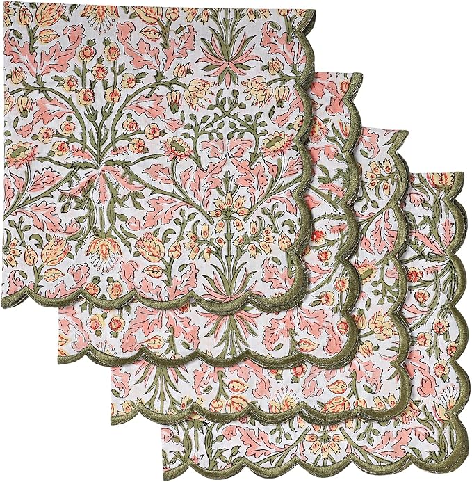 Ridhi Hand Block Print Sassy Salmon Pink 18" x 18" (Set of 4) Embriodery Table Napkins Reusable Cotton Dinner Napkins for Weddings, Parties, Everyday Dining Gift for Spring, Easter, Valentine