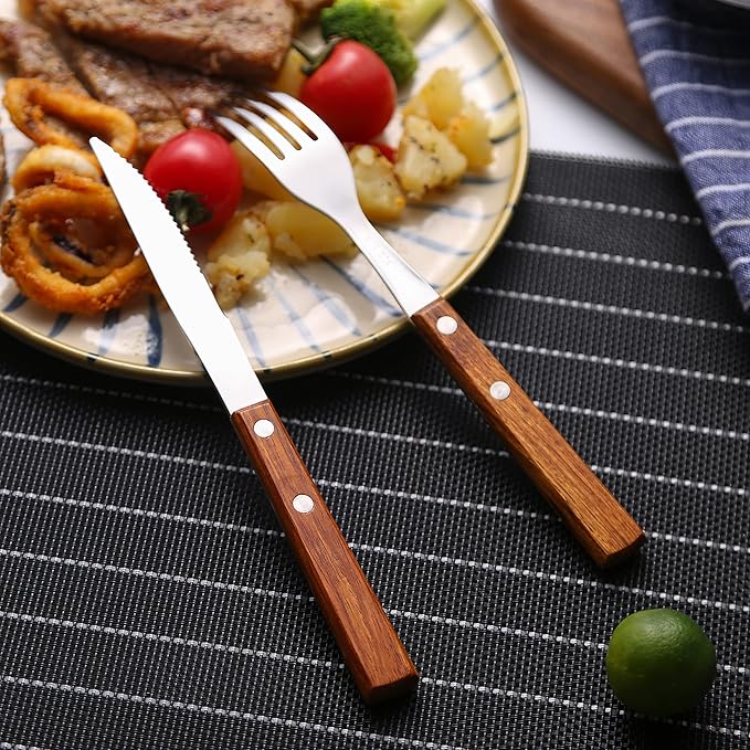 Forks and Spoons Silverware Set, HAPPY KIT Wooden Handle Flatware Set 16-Piece (4 Sets) 18/8 Stainless Steel Cutlery Set Wooden Spoons Dinner Knife Dinner Fork and Spoon Set