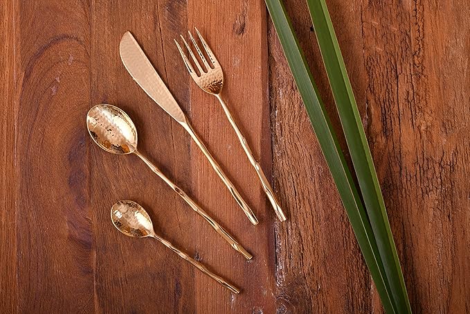 DeKulture Handmade Pure Brass 3 Pieces Cutlery Set Premium Deluxe Tableware Classic Gold Burnished Utilitarian Flatware Ideal for Serving & Dining Table Decoration