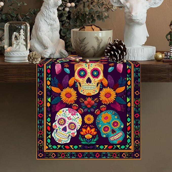 Mexican Skull Flowers Table Runner Seasonal Holiday Kitchen Dining Linen Table Decoration for Indoor Outdoor Home Party Decor 13 x 72 Inch
