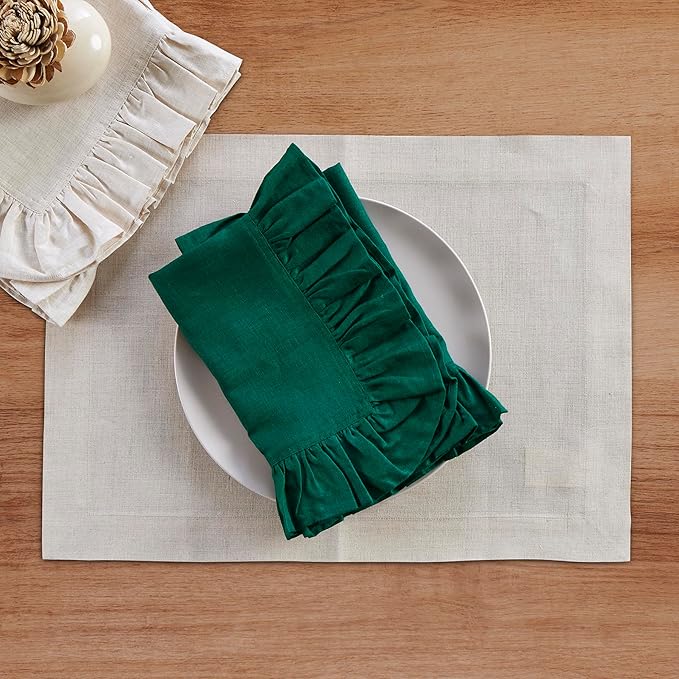 Solino Home Linen Ruffle Cloth Napkins Set of 4-100% Pure Linen Rainforest Green Dinner Napkins 20 x 20 Inch - Gabrielle Ruffle, Handcrafted and Machine Washable - Christmas, Winter, New Year