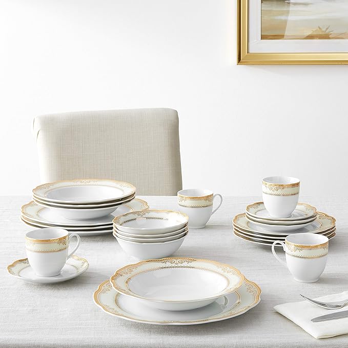 Lorren Home Trends Isabella-24 24 Piece Isabella Design Porcelain Wavy Edge Dinnerware Set, White