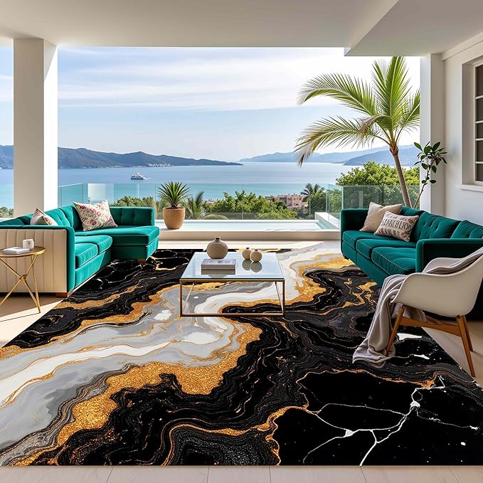 Marble Wavy Pattern Lux Art Aesthetic Deco Indoor Area Rug for Living Room Bedroom Dining Room Soft Easy Clean Non Skid Rugs 2x6 Under Table Modern Cozy Mats Nursery Black White Gold Abstract Carpet