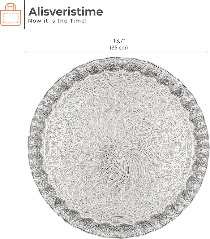 Alisveristime Turkish Ottoman Coffee Tea Serving Tray – 11.8 Inches, Wavy Zamac Tray with Traditional Motifs, Available in Five Color Variations (Silver)