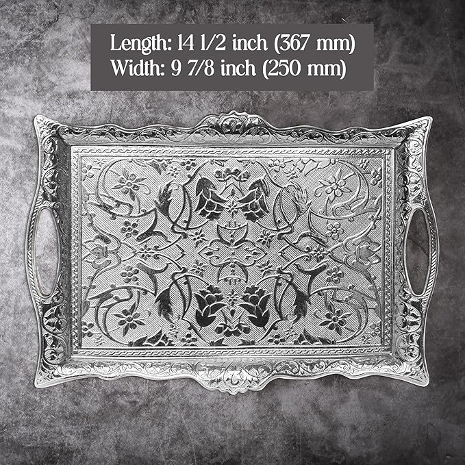 Crystalia Fancy Ottoman Serving Trays, Elegance Metal Turkish Trays for Beverage Serving, Vintage Ottoman Rectangular Tray with Handles, Decorative Turkish Tea Coffee, Dessert Table