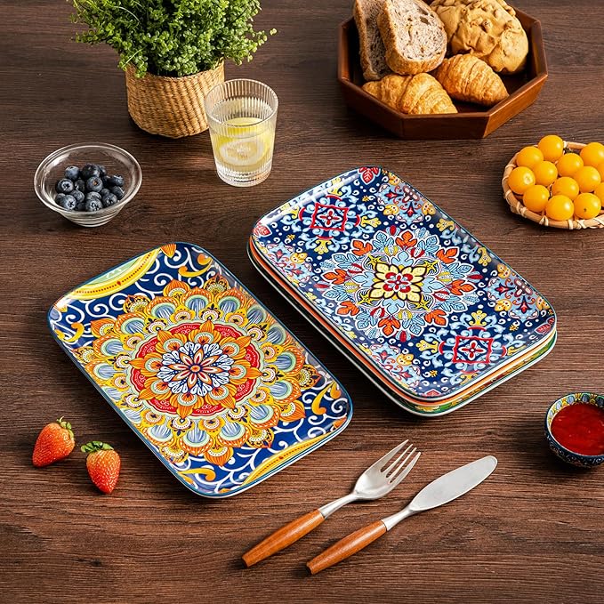 vancasso Serving Platters Set of 4, 12" x 7.4" Inch Rectangular Trays - Large Serving Dishes for Entertaining Food, Bohemian Ceramic Serving Trays for Party, Microwave & Dishwasher Safe, Vintage