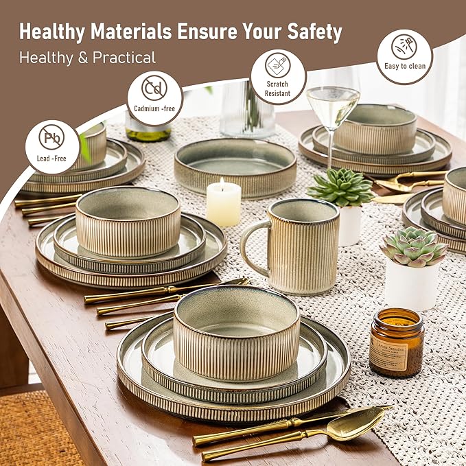 GBHOME 24-Piece Stoneware Dinnerware Set for 8 – Ribbed Ceramic Plates and Bowls, Scratch-Resistant, Microwave & Dishwasher Safe, Reactive Glaze, Mist Green