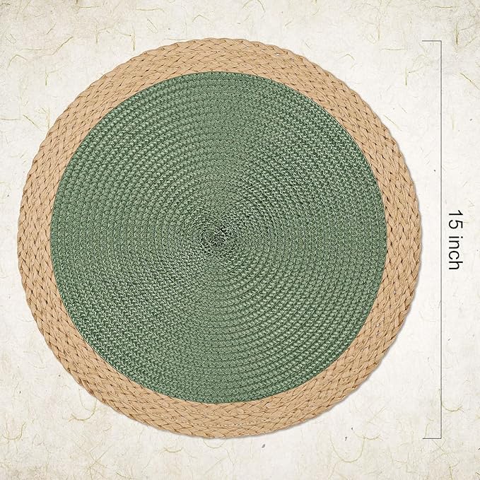 Noctiflorous Round Placemats Set of 6, 15 Inch Braided Hand Woven Table Mats, Heat Resistant Non-Slip Wipeable Wide Edge Place Mats for Kitchen Dining Indoor Outdoor Use(Green, 6)