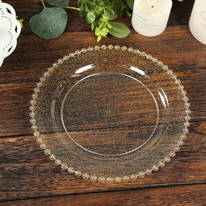 Efavormart 10 Pack Plastic Dessert Appetizer Plates in Clear Gold Glittered with Beaded Rim, Disposable Round Salad Party Plates 8"