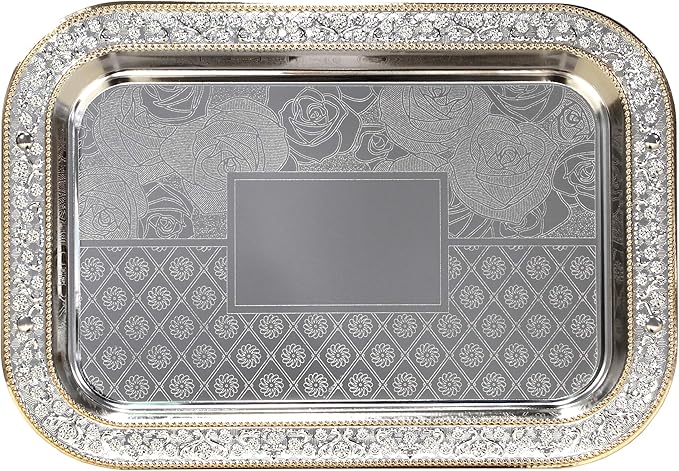 13.5 inch x 9.4 inch Oblong Chrome Plated Serving Tray Stylish Design Floral Engraved Iron Gold Edge Decorative Party Dessert Buffet Décor Wine Platter Plate NC-226