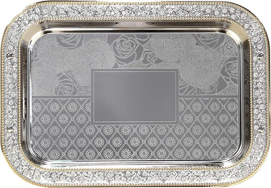 13.5 inch x 9.4 inch Oblong Chrome Plated Serving Tray Stylish Design Floral Engraved Iron Gold Edge Decorative Party Dessert Buffet Décor Wine Platter Plate NC-226