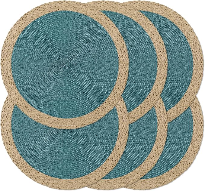 Noctiflorous Round Placemats Set of 6, 15 Inch Braided Hand Woven Table Mats, Heat Resistant Non-Slip Wipeable Wide Edge Place Mats for Kitchen Dining Indoor Outdoor Use(Blue, 6)