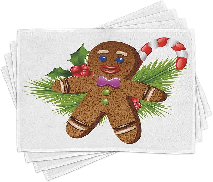 Ambesonne Gingerbread Man Place Mats Set of 8, Tasty Pastry on Coniferous Branches Candy Cane and Holly Berry, Washable Fabric Placemats for Dining Table, Placemat 8 pcs, Brown and Green
