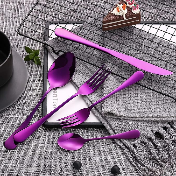 Silverware Set, 20-Piece Purple Flatware Cutlery Set Service for 4,Stainless Steel Kitchen Utensil Set Tableware Knife Spoon Fork Set for Home&Restaurant. Dishwasher Safe (Purple- 20 Pieces Set)
