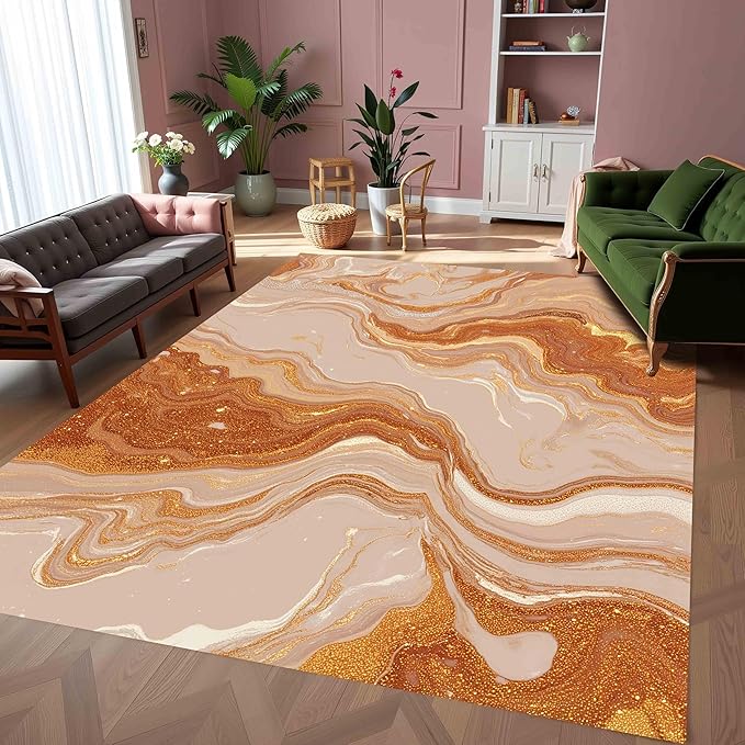 Modern Abstract Warm Brown Beige Marble Wavy Pattern Indoor Large Carpet for Living Room Bedroom Soft Thick Non Slip Area Rug 4x6 Under Dining Room Table Liquid Aesthetic Luxury Art Deco Indoor Rugs