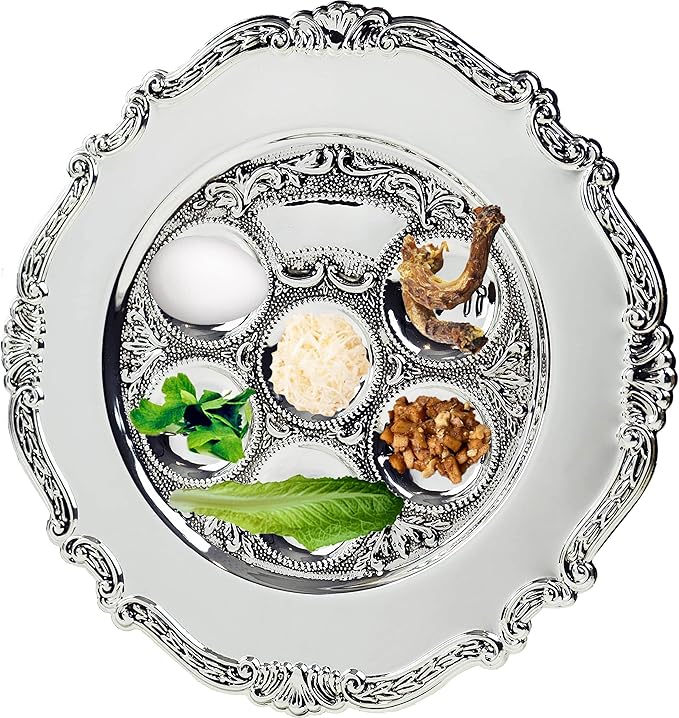The Dreidel Company 2-Pack Classic Traditional Silver Plated Passover Seder Plate 12" inches, Kaarah for Pesach
