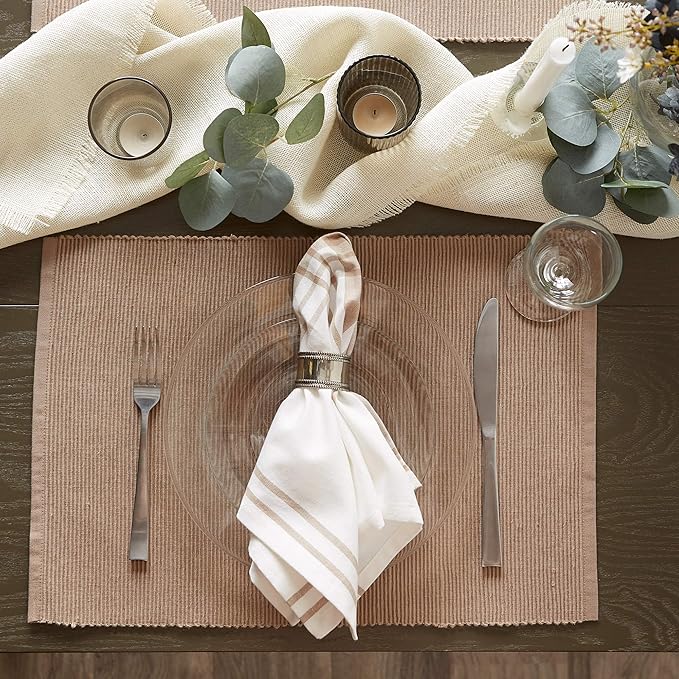 DII Basic Everyday Ribbed Tabletop 100% Cotton, Placemat Set, 13x19, Stone, 6 Piece