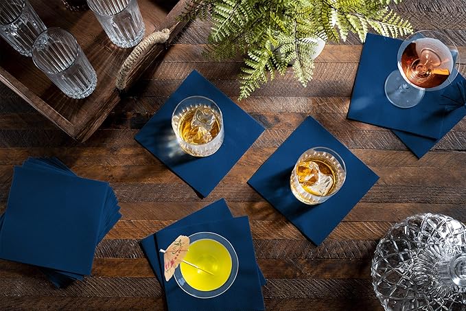 Disposable Blue Cocktail Napkins Paper - 4" x 4" High-End Linen-Like Beverage Party Square Paper Napkin Pack for Bar, Cafe, Restaurant, Christmas, Birthday, Wedding, Baby Shower - 100 Count