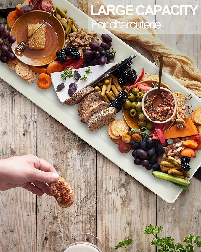 Long Melamine Serving Platter, 17.3x8x1.5 inch Rectangle Serving Trays for Party, Long Serving Platters Plates for Appetizer, Charcuterie, Bread, Fruit, Dessert, Set of 2, White