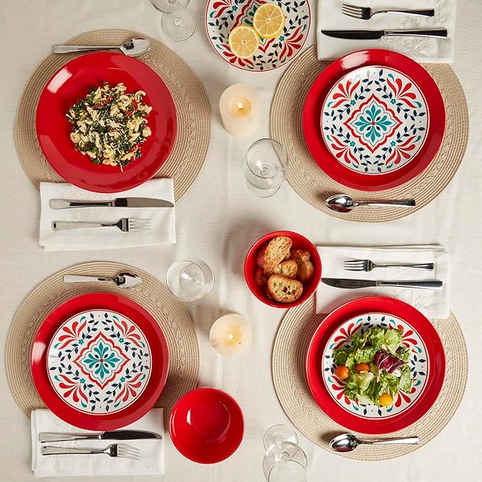 Tabletops Gallery 12-Piece Camila Patterned Ceramic Dinnerware Set of Kitchen Dishes, Dinner Plates, Cereal Bowls, Service for 4, Red