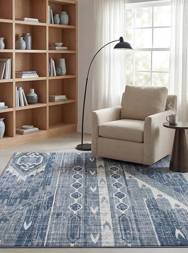 Rugs.com Oregon Collection Rug – 6 Ft Square Light Slate Blue Low-Pile Rug Perfect for Living Rooms, Kitchens, Entryways
