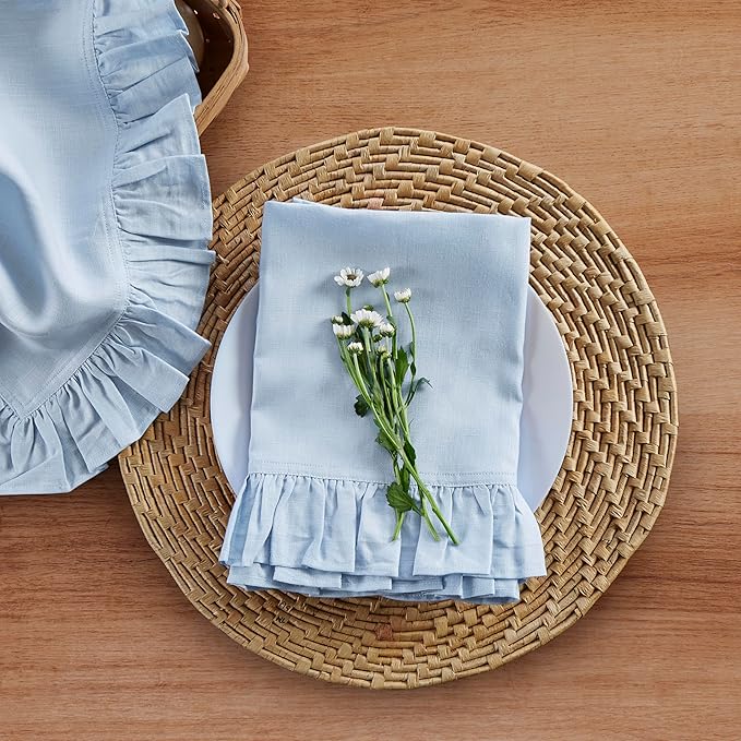 Solino Home Linen Ruffle Cloth Napkins Set of 4-100% Pure Linen Sky Blue Dinner Napkins 20 x 20 Inch for Christmas, New Year - Gabrielle Ruffle, Handcrafted and Machine Washable