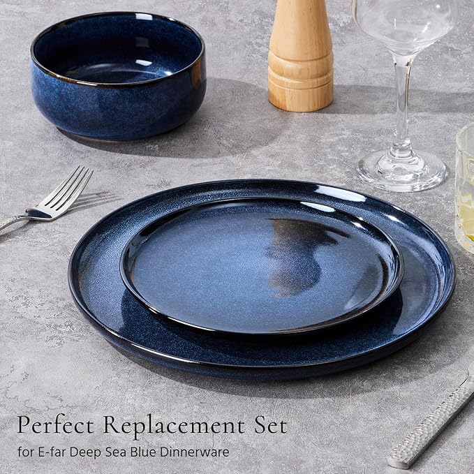 E-far 10.5” Ceramic Dinner Plates Set of 6, Large Reactive Glaze Stoneware Dishes, Round Salad Plate for Home Kitchen Restaurant, Microwave & Dishwasher Safe – Deep Sea Blue