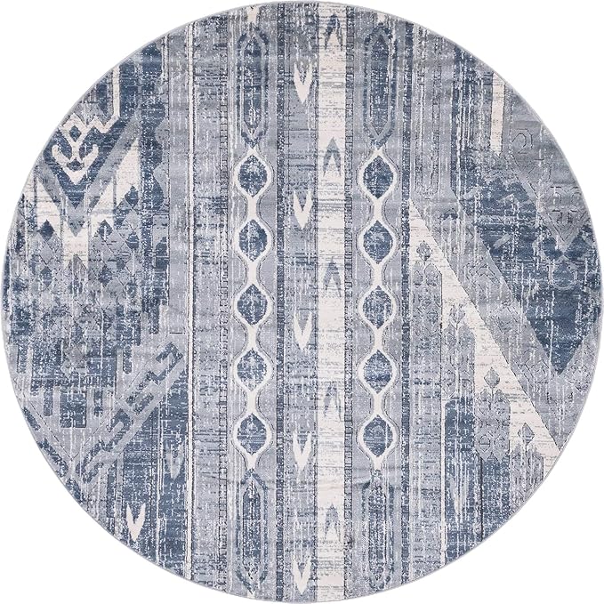 Rugs.com Oregon Collection Rug – 7 Ft Round Light Slate Blue Low-Pile Rug Perfect for Kitchens, Dining Rooms
