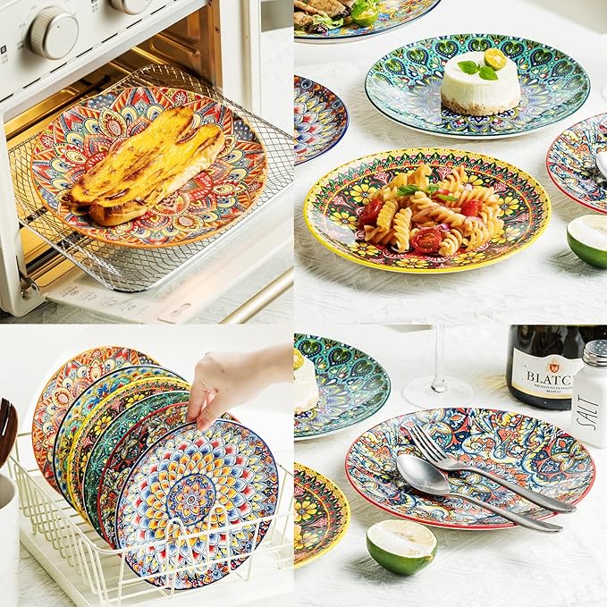 Ceramic Dinner Plates, 8.5 Inch Small Salad Dessert Plate Set of 6, Colorful Bohemian Plates for Appetizers, Snacks, Fruit, Small Plate Set for Kitchen & Restaurant, Microwave, Oven and Dishware Safe