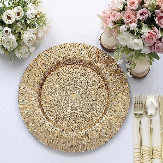 Efavormart 6 Pack | 13" Gold Embossed Peacock Design Plastic Serving Plates, Round Disposable Charger Plates