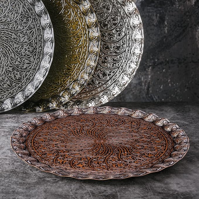 Crystalia Fancy Ottoman Serving Trays, Elegance Metal Turkish Trays for Beverage Serving, Vintage Ottoman Round Tray for Decorative Tea Coffee and Dessert Table, 12 inch Diameter