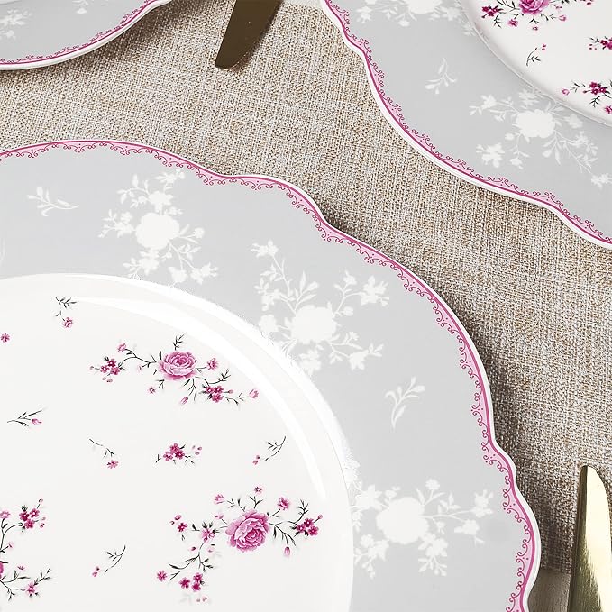 fanquare 10 Inch Porcelain Dinner Plates Set of 4, Lace Dishes Set for Salad, Pasta, Soup, Dessert, Pink Roses