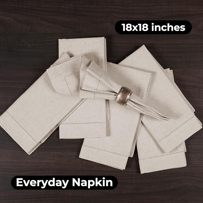 Homidate Linen Flax Cotton Cloth Dinner Napkins Set of 12 – 18x18 Natural Fabric with Hemstitched Mitered Corners – Machine Washable Wedding, Cocktail & Party Table Napkins