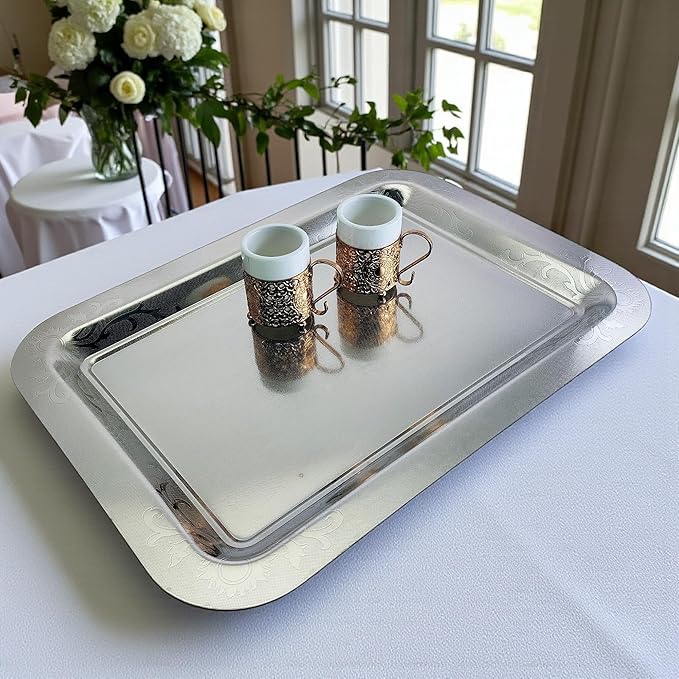(Pack of 2) 20 inch x 14.4 inch Oblong Chrome Plated Serving Tray Stylish Design Floral Engraved Edge Decorative Party Wedding Dessert Buffet Décor Wine Platter Plate NC-064