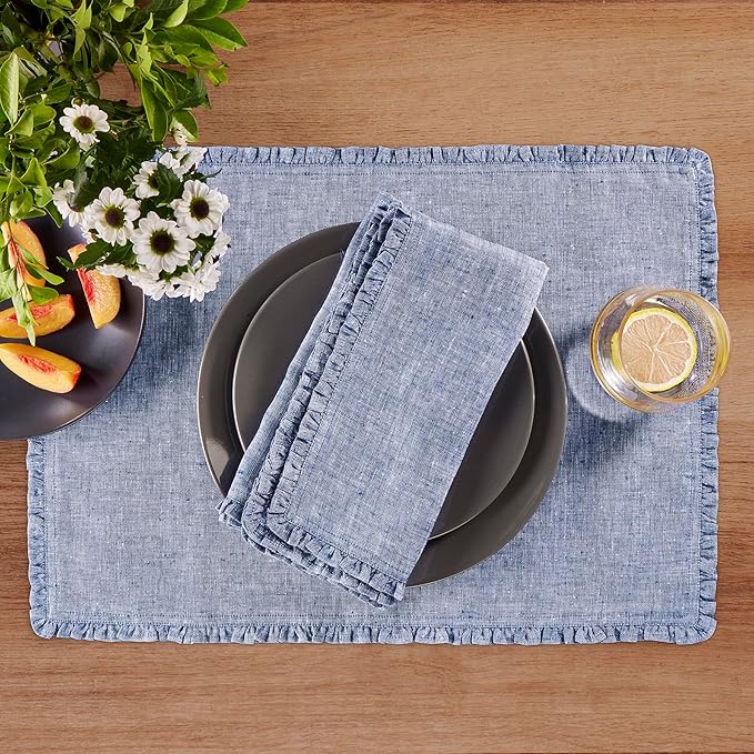 Solino Home Chambray Indigo Linen Dinner Napkins 20 x 20 Inch - 100% Pure Linen Juliette Ruffle Cloth Napkins Set of 4 - Handcrafted and Machine Washable