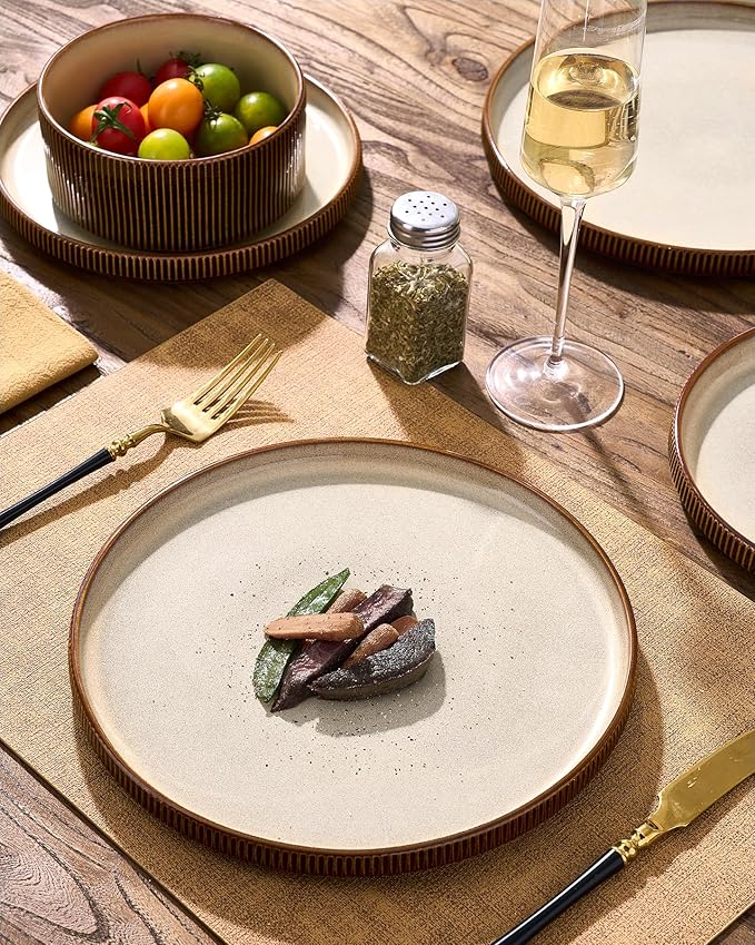 Stoneware Plates and Bowls Dishes Sets Service for 6 (18-Piece), Handcrafted Reactive Glaze Dinnerware Set with Raised Rim, Scratch Resistant, Microwave Dishwasher Safe, Cream Cocoa