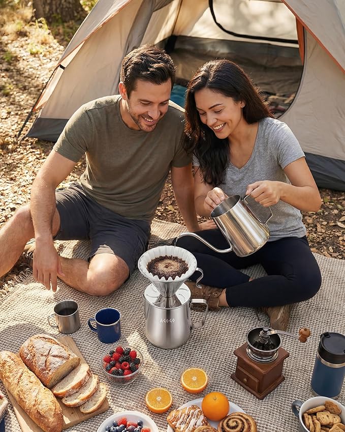 AGOGO Portable Pour Over Coffee Maker V60 Set - Easy Cleaning Compact 304 Stainless Steel Dripper for Camping & 50 Filters Paper & Cleaning Rag Silvery 30oz