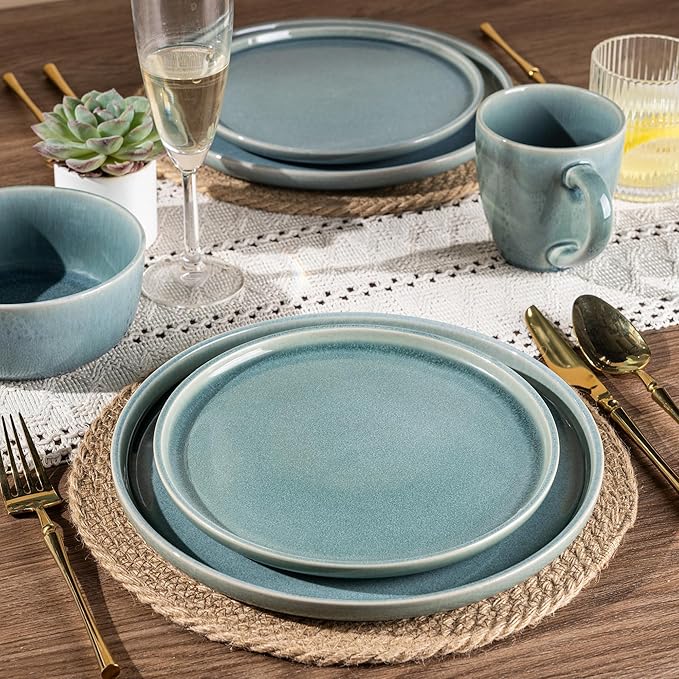 GBHOME Ceramic Dinnerware Sets for 8, 24 Pieces Stoneware Plates and Bowls Sets, Scratch Resistant Dishes, Dishwasher & Microwave Safe, Reactive Glaze-Malachite Green