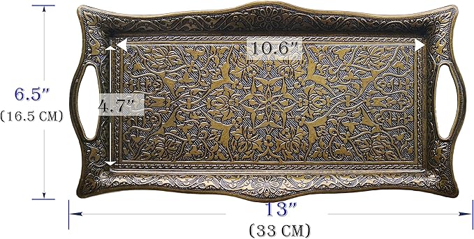 Metal Serving Tray with Raised Edges, Vintage Design Tray, Rectangular Metal Serving Tray, Decorative Serving Platter, Turkish Ottoman Coffee Tea Beverage Serving Square Tray (Aged Yellow)