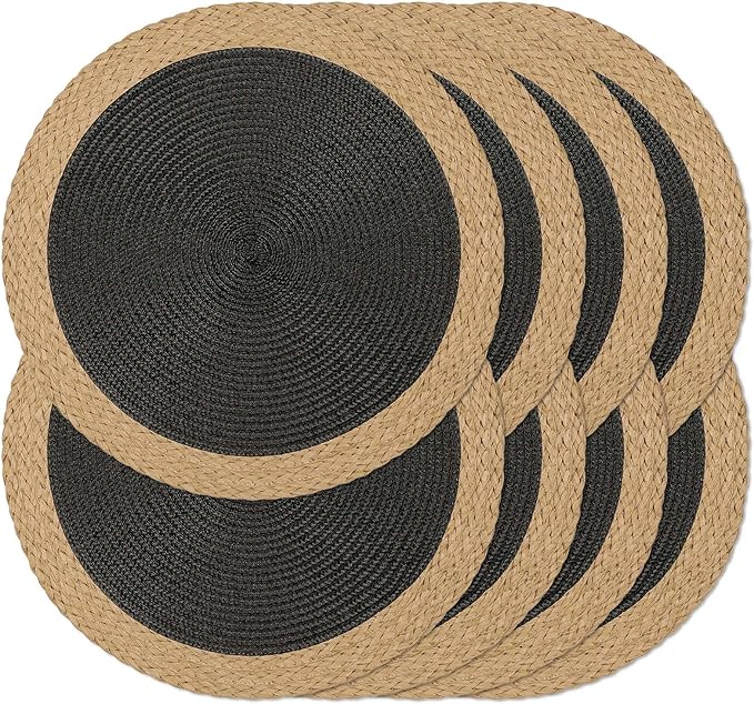 Noctiflorous Round Placemats Set of 8, 15 Inch Braided Hand Woven Table Mats, Heat Resistant Non-Slip Wipeable Wide Edge Place Mats for Kitchen Dining Indoor Outdoor Use(Black, 8)