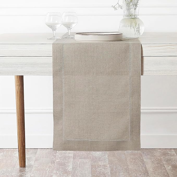 D'Moksha Homes Linen Natural Table Runner 120 Inches Long - 100% Pure Linen Hemstitch 14 x 120 Inch Table Runner for Dining, Winter, Christmas, Holiday, New Year - Classic Hemstitch