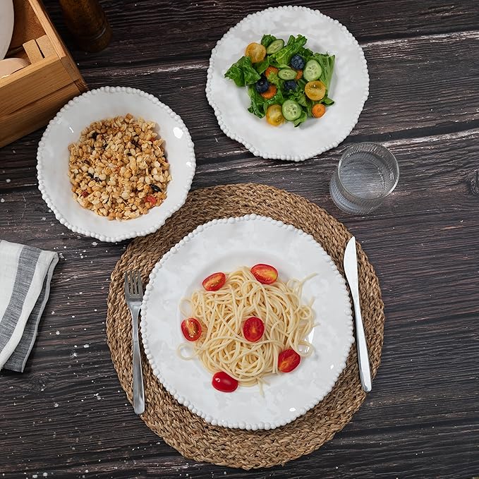 Creamy Beaded Melamine Dinnerware Sets, Set of 6,18 piece Farmhouse Plates and Bowls Set, Lightweight, BPA-Free Scalloped Rim Dishes Dinner Serving Set for Indoor & Outdoor Use, off-white
