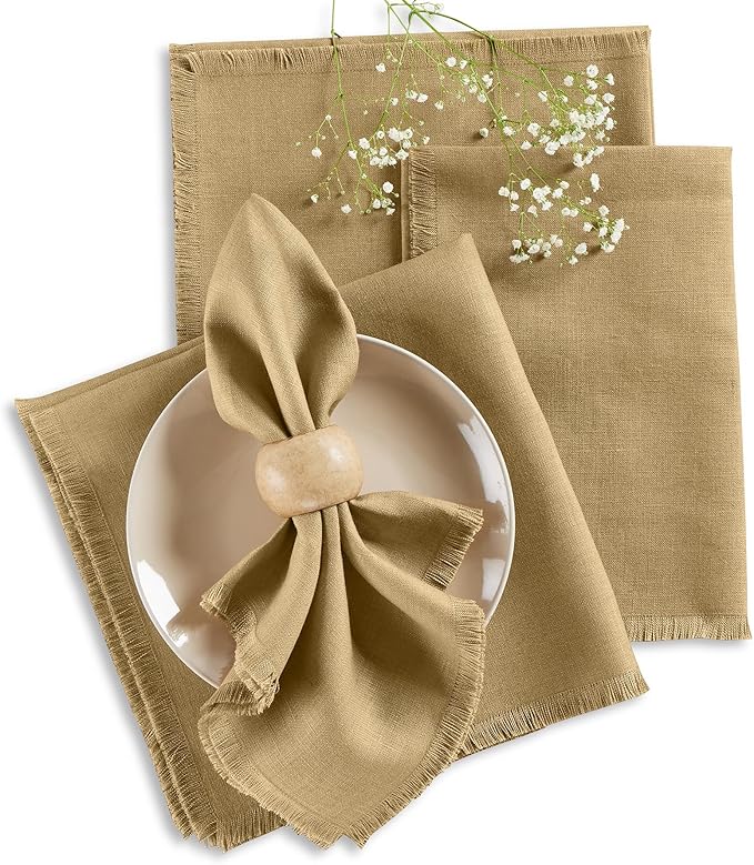 Solino Home Fringe Linen Cloth Napkins Set of 4-100% Pure Linen Kelp Dinner Napkins 20 x 20 Inch for Christmas, Holiday, New Year - Handcrafted and Machine Washable