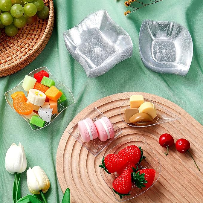 Tessco 200 Pcs Mini Appetizer Plates with Spoons Forks Disposable Mini Dessert Plates Plastic Appetizer Bowls Tiny Individual Serving Trays for Party(Silver Glitter,Classic)