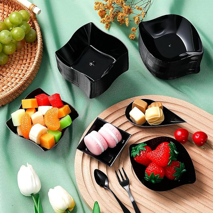 Tessco 200 Pcs Mini Appetizer Plates with Spoons Forks Disposable Mini Dessert Plates Plastic Appetizer Bowls Tiny Individual Serving Trays for Party(Black,Classic)