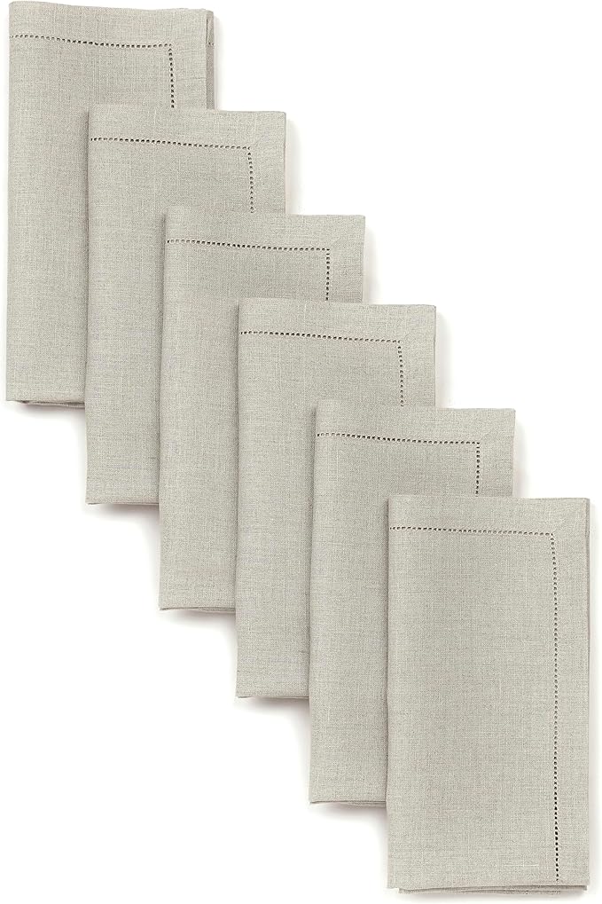 D'Moksha Homes Natural Linen Napkins Set of 6 - Classic Hemstitch 100% Pure Linen Hemstitch Dinner Napkins 20 x 20 Inch for Winter, Christmas, Holiday, New Year - Handcrafted and Machine Washable