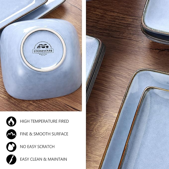 E-far Square plates and bowls Sets for 6, 18-Piece Reactive Glaze Stoneware Dinnerware Sets, Porcelain Dishware Sets for Kitchen Home, Microwave & Dishwasher Safe, Ocean Blue